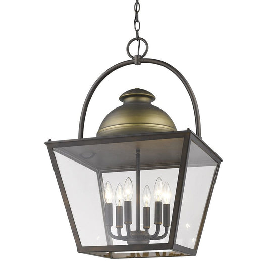 Savannah 6-Light Oil-Rubbed Bronze Foyer Pendant With Raw Brass Accents And Clear Glass Panes - Homeroots