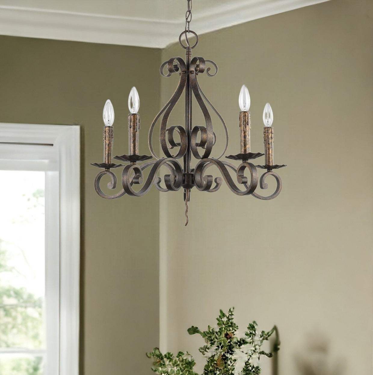 Brown Candle Style Five Light Metal Dimmable Chandelier - Homeroots - Flyclothing LLC
