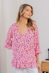 Sew In Love Full Size Floral V-Neck Flounce Sleeve Top - Trendsi - Flyclothing LLC