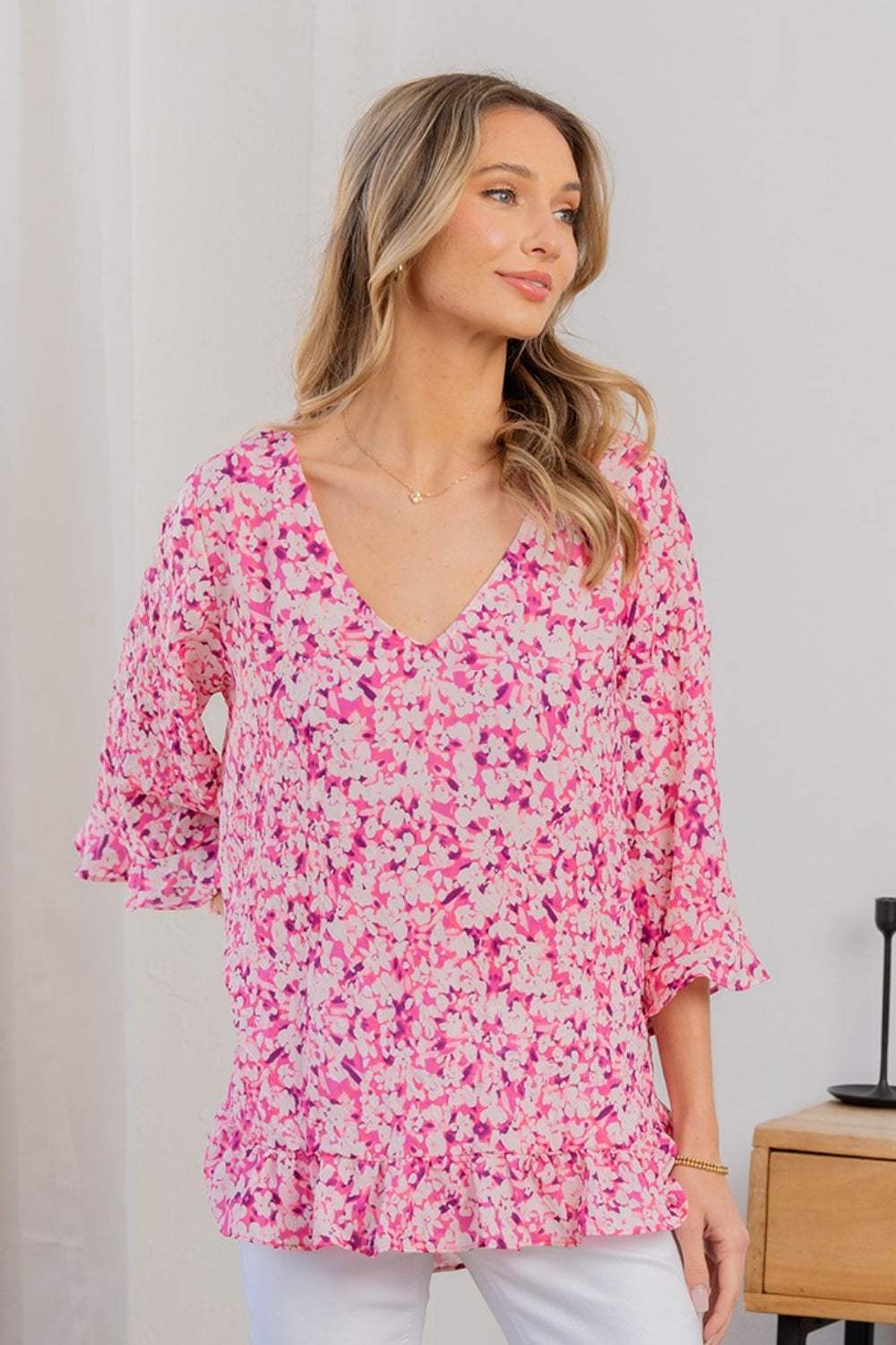 Sew In Love Full Size Floral V-Neck Flounce Sleeve Top - Trendsi - Flyclothing LLC