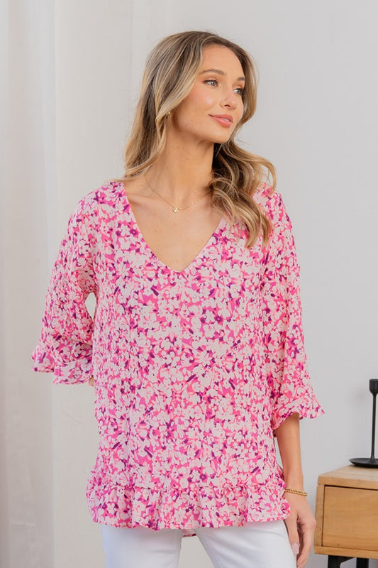 Sew In Love Full Size Floral V-Neck Flounce Sleeve Top
