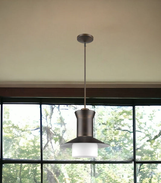 Greta 1-Light Oil-Rubbed Bronze Pendant With Gloss White Interior And Etched Glass Shade - Homeroots