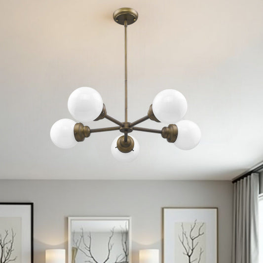 Bronze Five Light Metal Dimmable Chandelier With White Shades - Homeroots