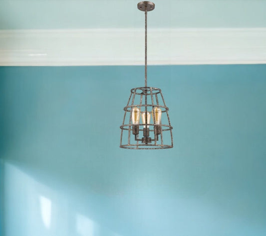 Rebarre 3-Light Antique Silver Drum Pendant With Open Cage Shade - Homeroots