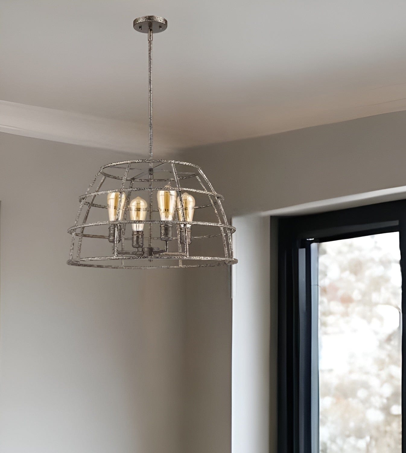 Rebarre 4-Light Antique Silver Drum Pendant With Open Cage Shade - Homeroots