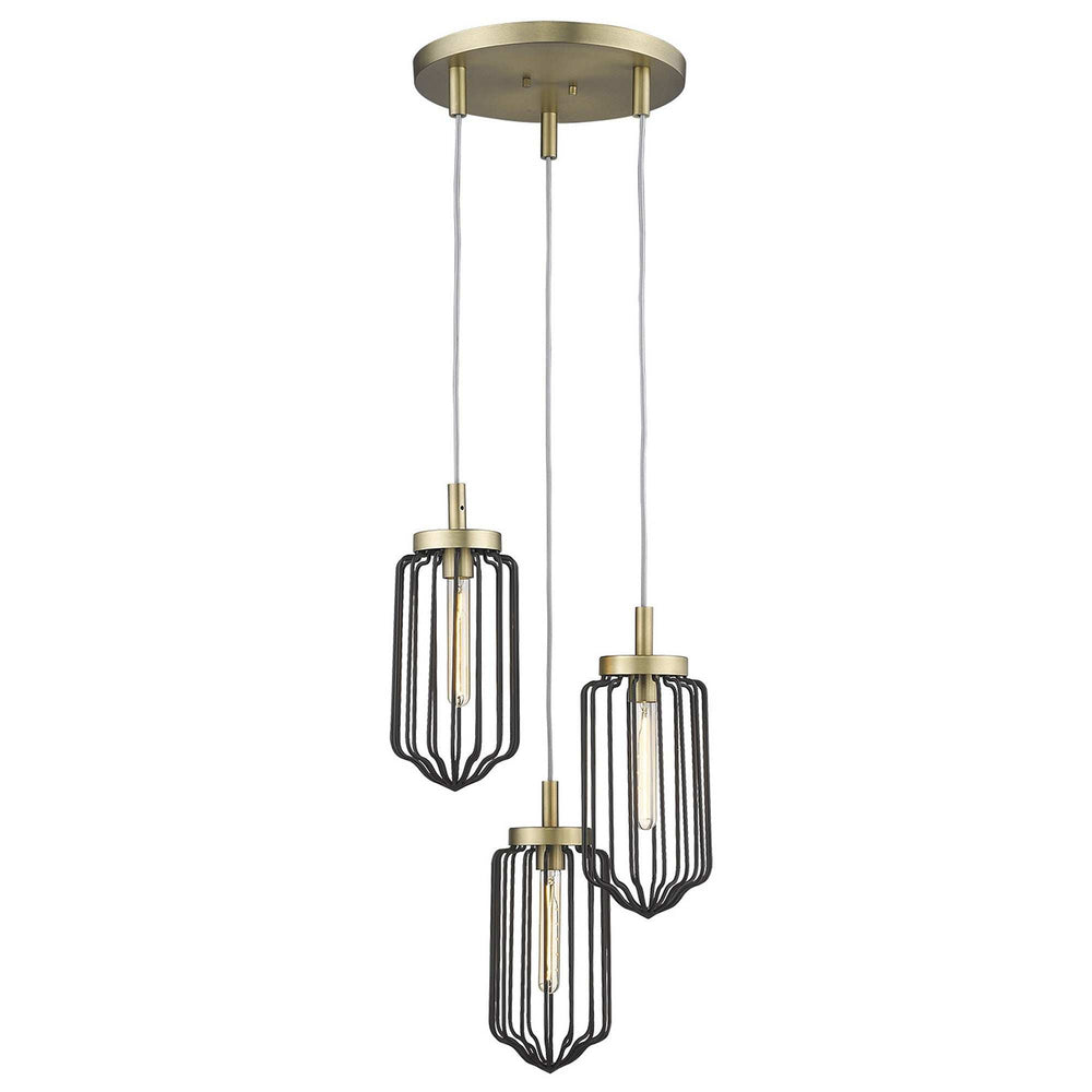 Gold Caged Three Light Metal Dimmable Chandelier With Black Shades - Homeroots - Flyclothing LLC