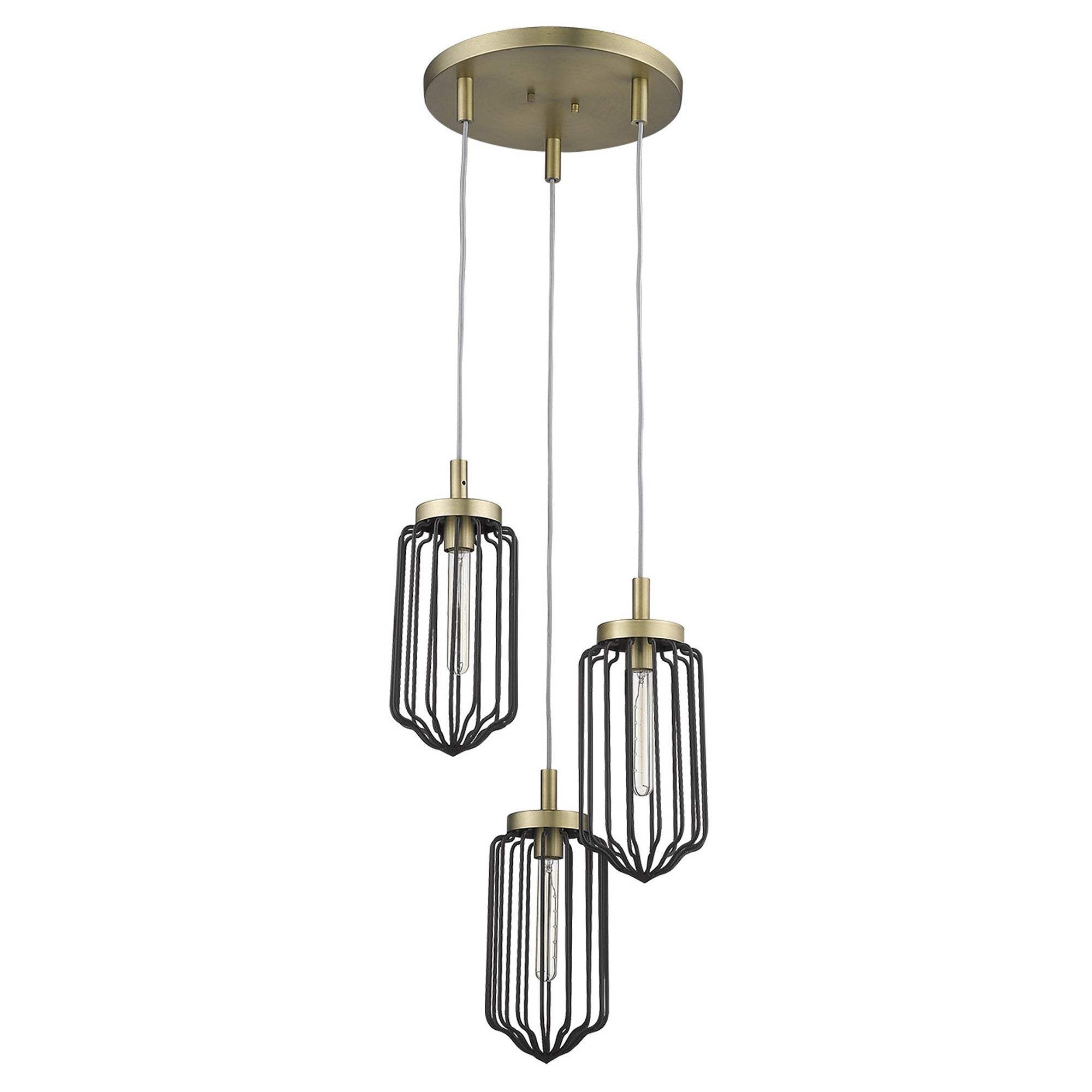 Gold Caged Three Light Metal Dimmable Chandelier With Black Shades - Homeroots - Flyclothing LLC