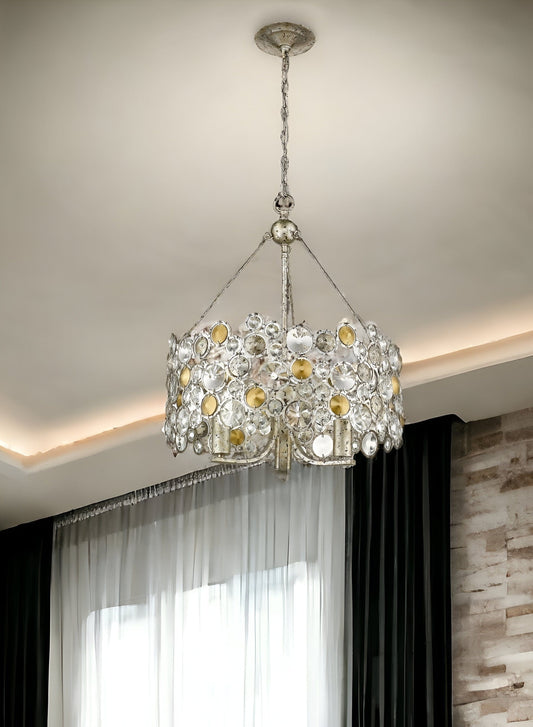 Silver Three Light Metal and Crystals Dimmable Chandelier With Silver Shades - Homeroots