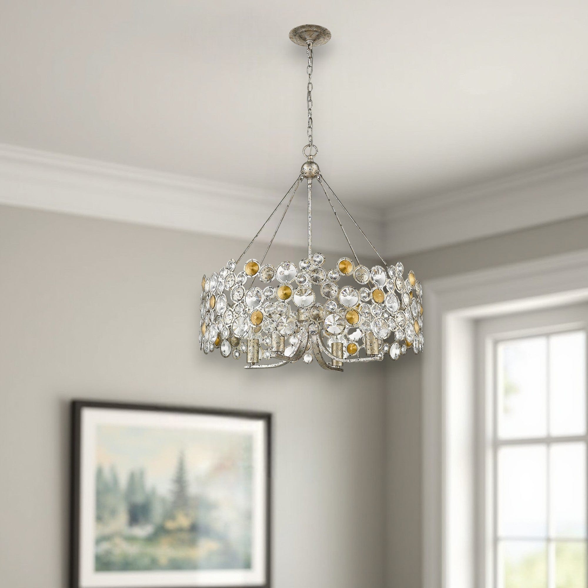 Silver Shaded Four Light Metal and Crystals Dimmable Chandelier With Silver Shades - Homeroots