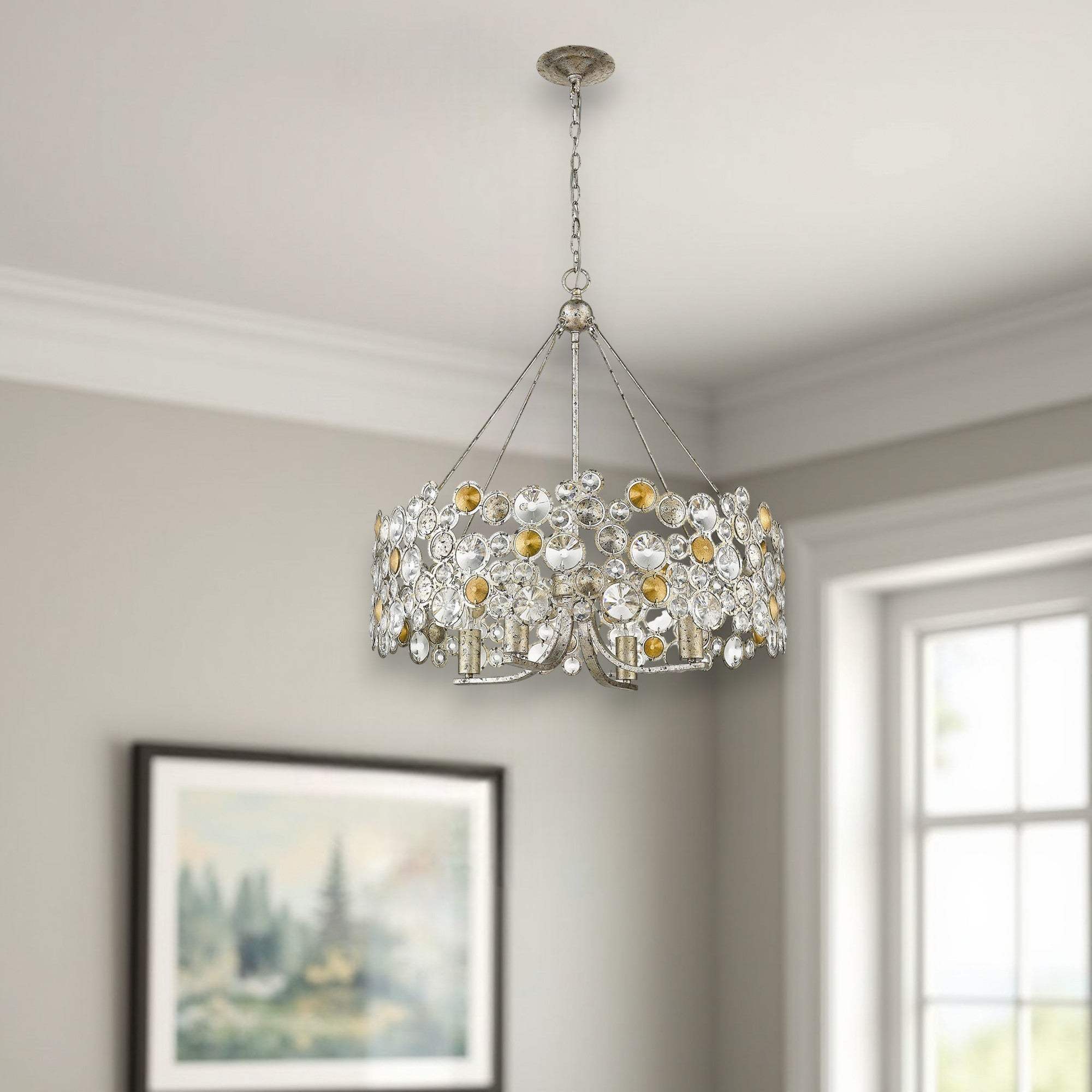 Silver Shaded Four Light Metal and Crystals Dimmable Chandelier With Silver Shades - Homeroots - Flyclothing LLC