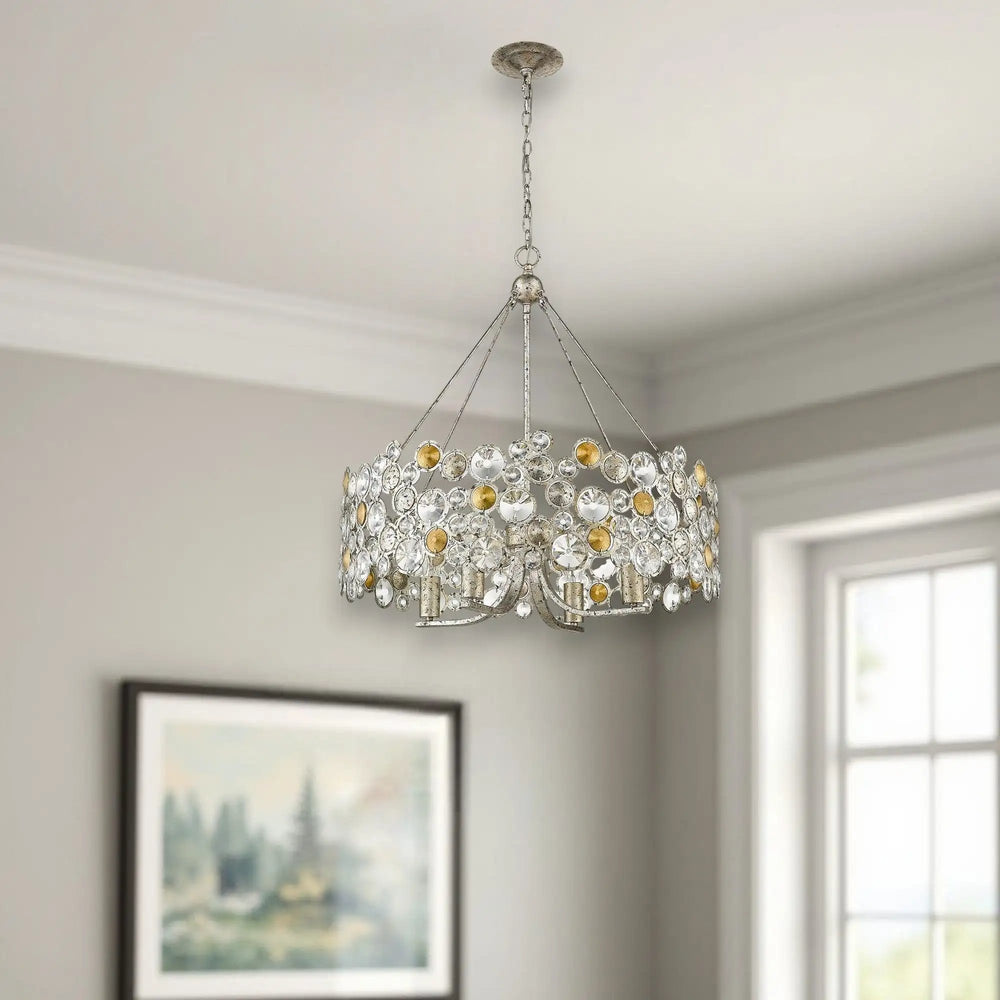 Silver Shaded Four Light Metal and Crystals Dimmable Chandelier With Silver Shades - Homeroots