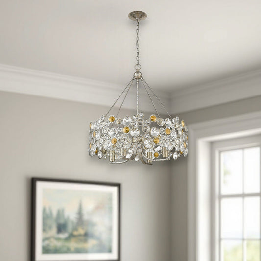 Silver Shaded Four Light Metal and Crystals Dimmable Chandelier With Silver Shades - Homeroots