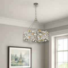 Silver Shaded Four Light Metal and Crystals Dimmable Chandelier With Silver Shades - Homeroots