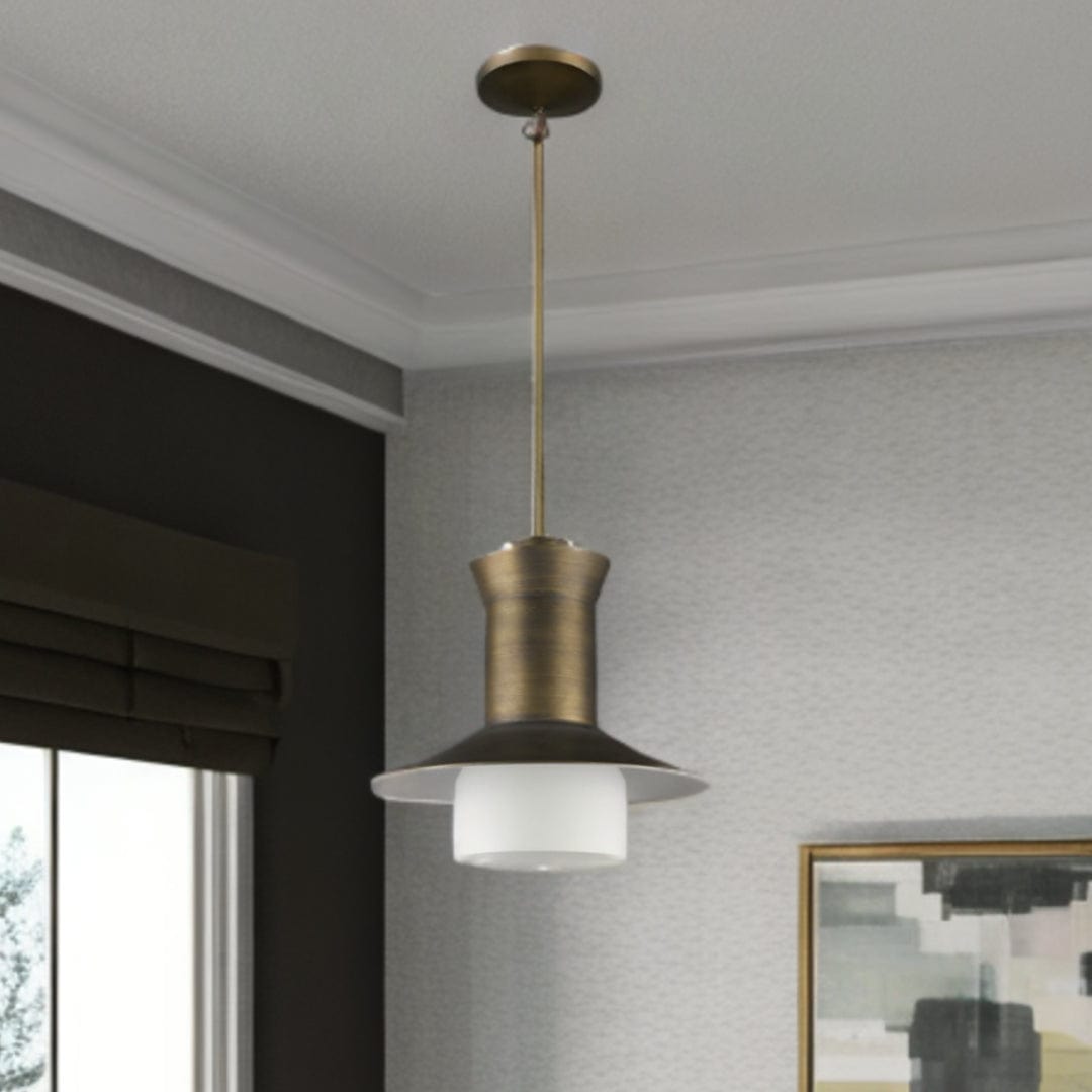 Greta 1-Light Raw Brass Pendant With Gloss White Interior And Etched Glass Shade - Homeroots