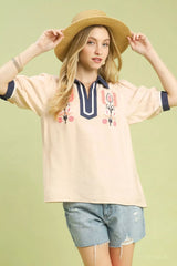 Umgee Embroidered Puff Sleeve Contrast Trim Top - Trendsi - Flyclothing LLC