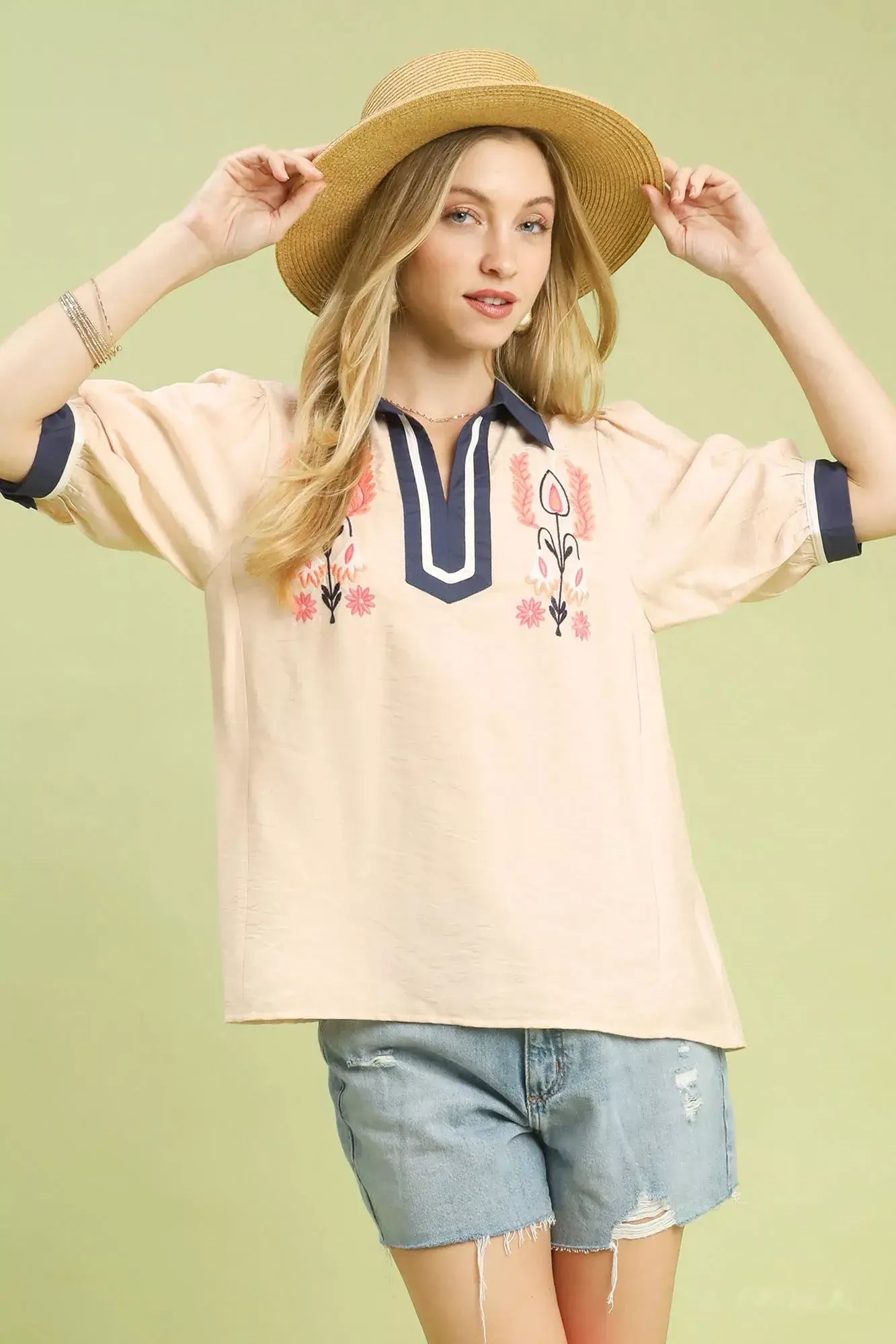 Umgee Embroidered Puff Sleeve Contrast Trim Top - Trendsi - Flyclothing LLC