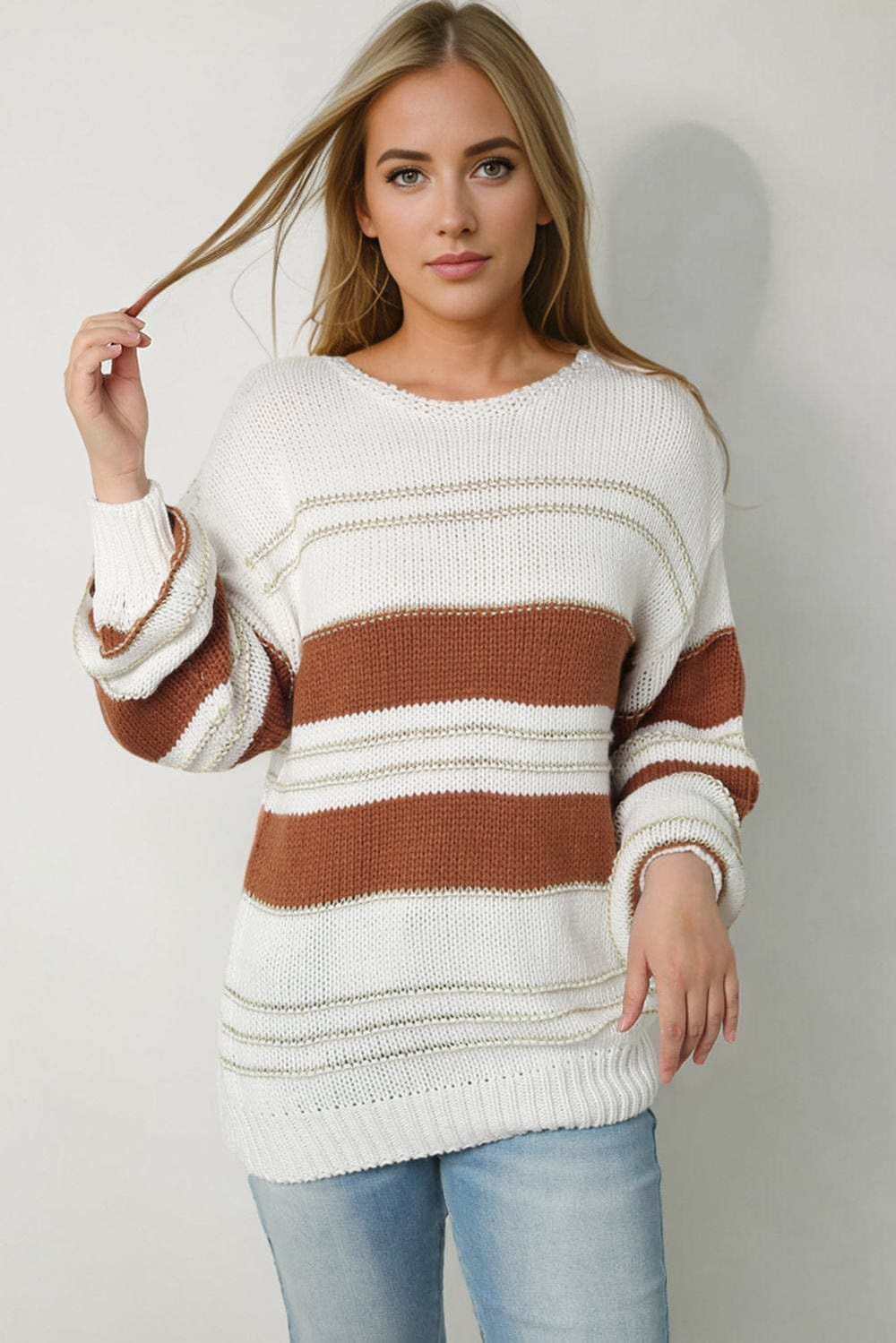 Striped Round Neck Dropped Shoulder Sweater - Trendsi - Flyclothing LLC