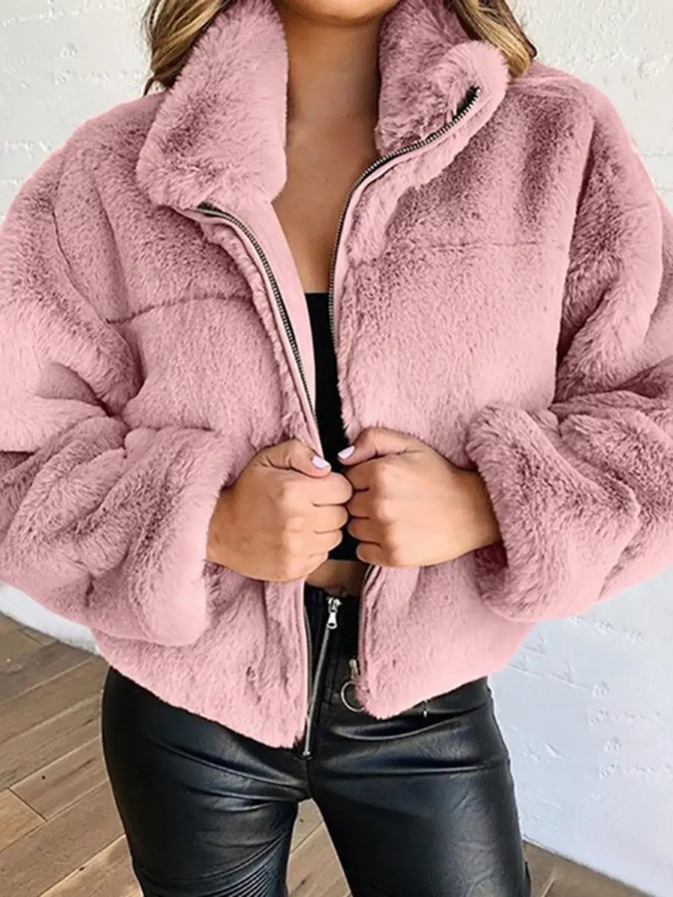 Full Size Faux Fur Cropped Zip-Up Jacket Plus Size - Trendsi - Flyclothing LLC