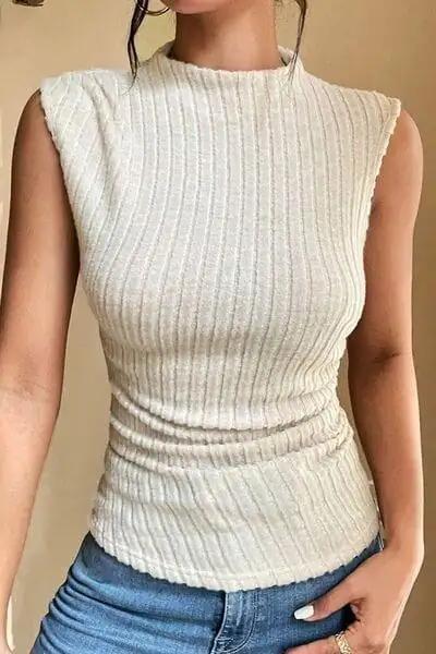Ribbed Mock Neck Slim Tank - Trendsi