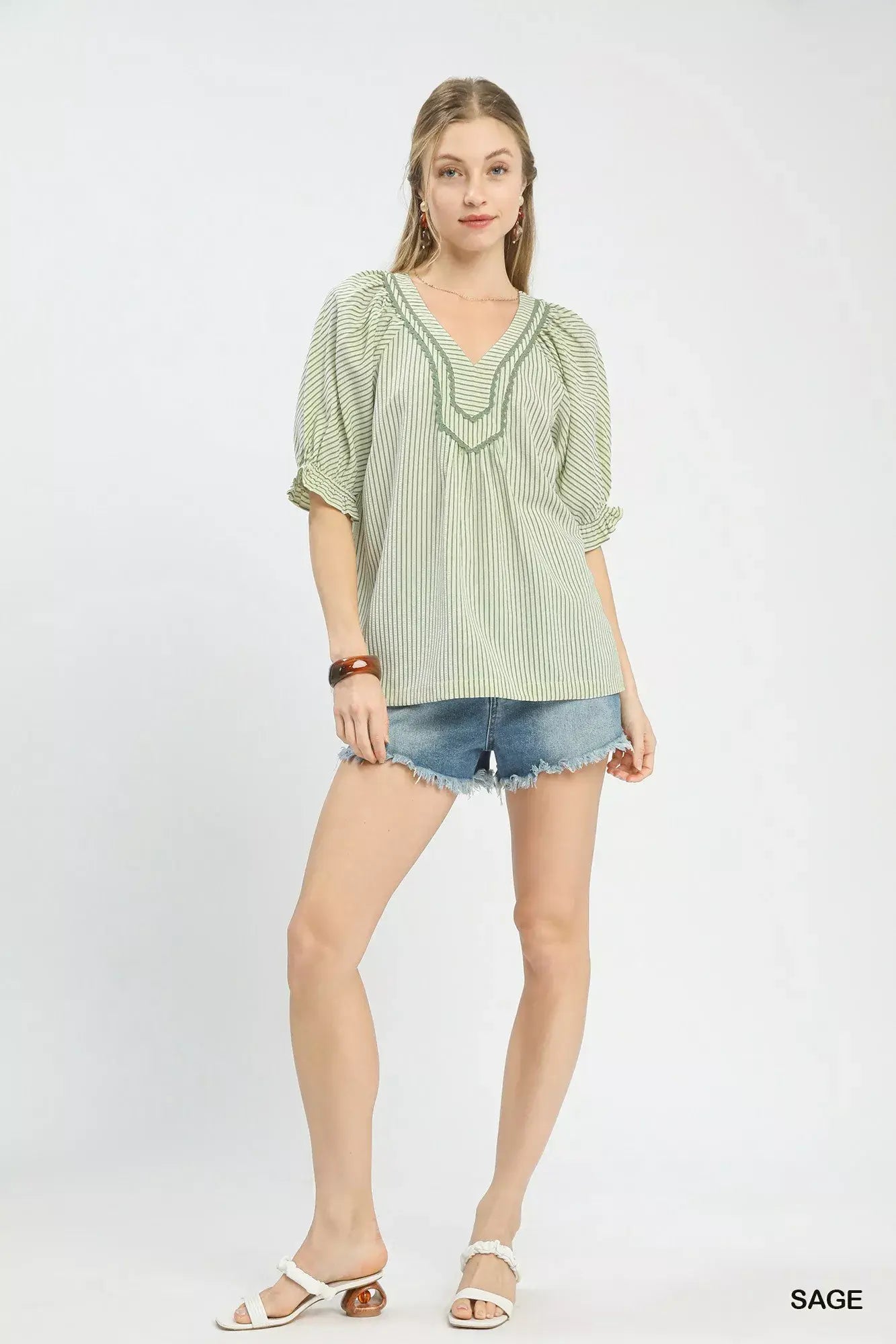 Umgee Stripe V-Neck Blouse - Trendsi - Flyclothing LLC