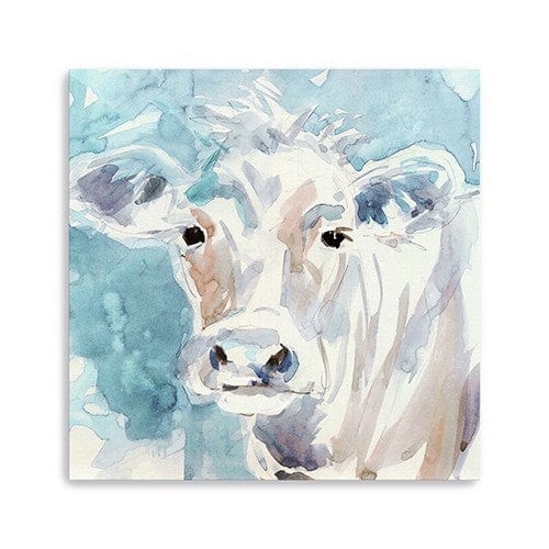 30" x 30" Blue Pastel Watercolor Cow Unframed Canvas Wall Art - Homeroots - Flyclothing LLC