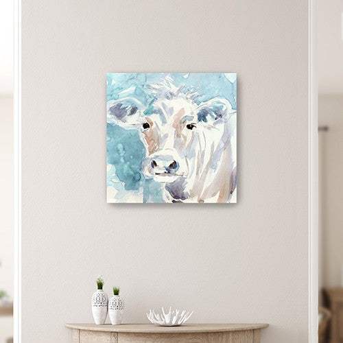 30" x 30" Blue Pastel Watercolor Cow Unframed Canvas Wall Art - Homeroots - Flyclothing LLC