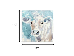 30" x 30" Blue Pastel Watercolor Cow Unframed Canvas Wall Art