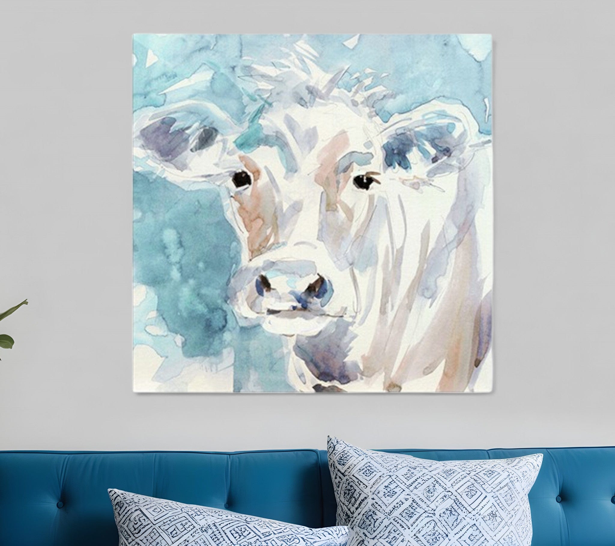 40" x 40" Blue Pastel Watercolor Cow Unframed Canvas Wall Art - Homeroots - Flyclothing LLC