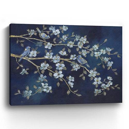 24" x 32" Navy Blue Watercolor Midnight Bird Rendezvous Canvas Wall Art - Homeroots - Flyclothing LLC