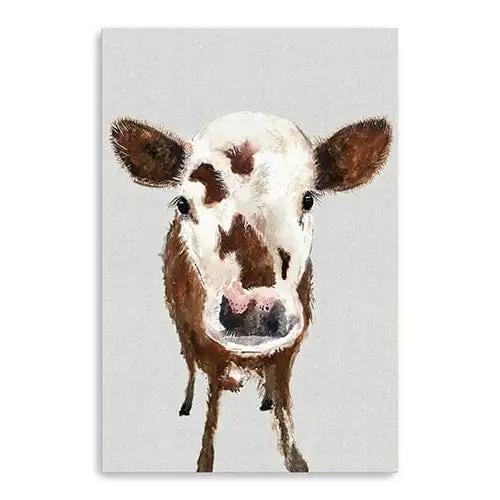 24" x 16" Brown and White Baby Cow Face Canvas Wall Art - Homeroots