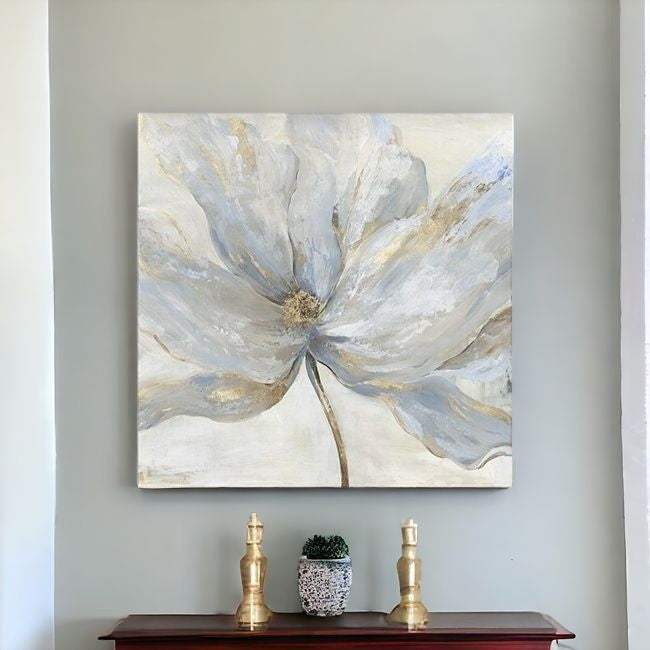 Soft Blue And Grey Flower With Gold Details Unframed Print Wall Art - Homeroots - Flyclothing LLC