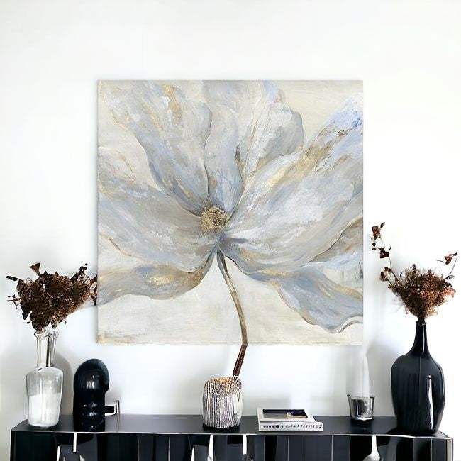 Soft Blue And Grey Flower With Gold Details Unframed Print Wall Art - Homeroots - Flyclothing LLC
