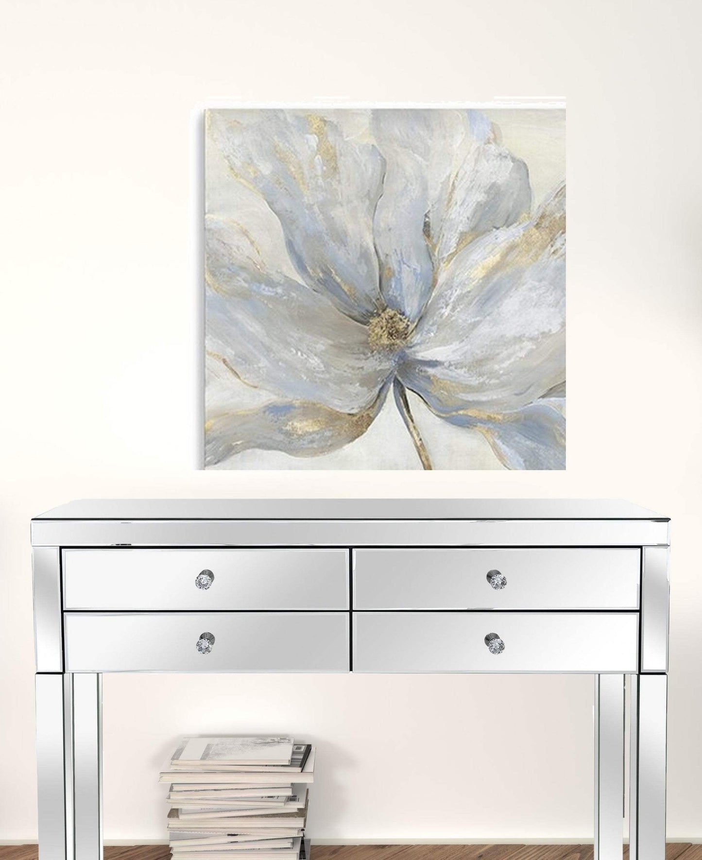 Soft Blue And Grey Flower With Gold Details Unframed Print Wall Art - Homeroots - Flyclothing LLC