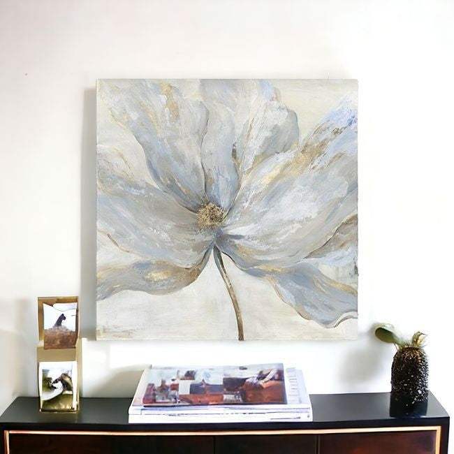 Soft Blue And Grey Flower With Gold Details Unframed Print Wall Art - Homeroots - Flyclothing LLC