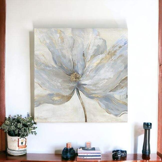 Soft Blue And Grey Flower With Gold Details Unframed Print Wall Art - Homeroots - Flyclothing LLC
