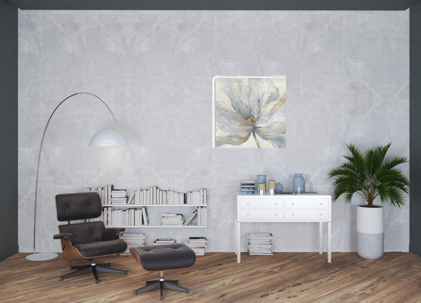 Soft Blue And Grey Flower With Gold Details Unframed Print Wall Art - Homeroots - Flyclothing LLC