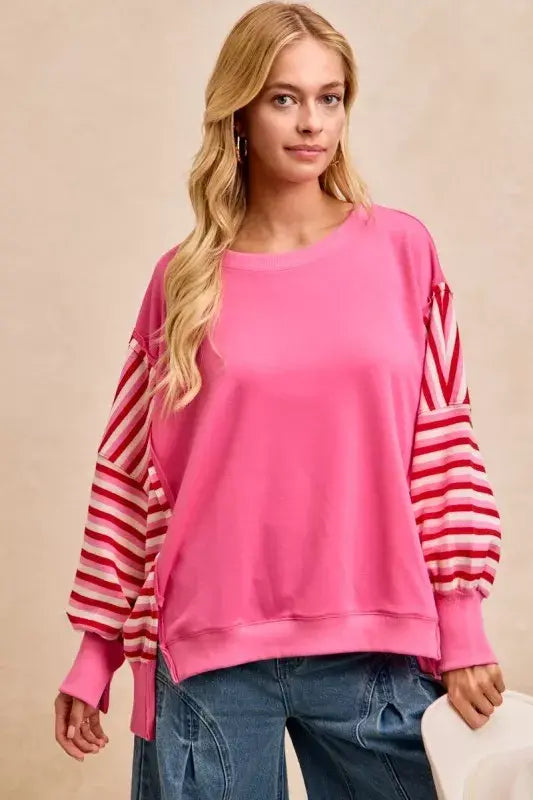 BiBi French Terry Stripe Combo Sweatshirt with Open Seam - Trendsi - Flyclothing LLC