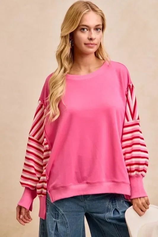 BiBi French Terry Stripe Combo Sweatshirt with Open Seam - Trendsi - Flyclothing LLC