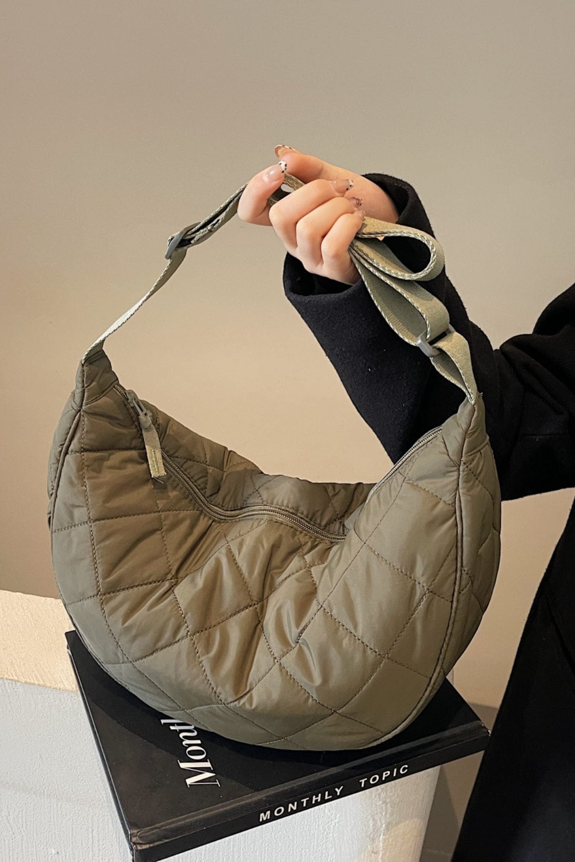 Plaid Quilted Adjustable Strap Crossbody Bag - Trendsi