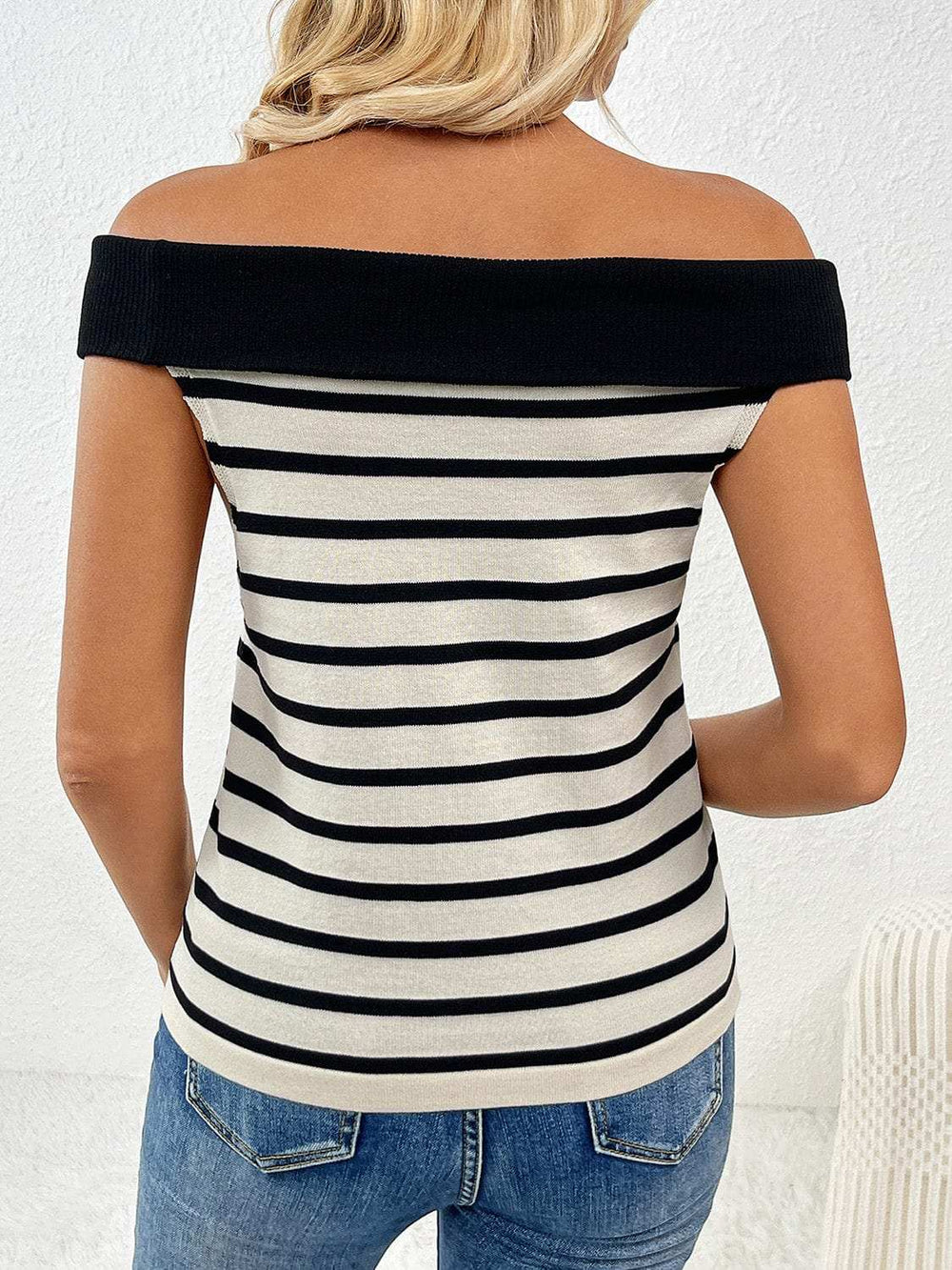 Decorative Button Striped Off-Shoulder Knit Top - Trendsi - Flyclothing LLC