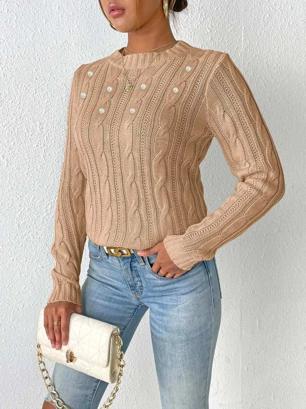 Cable-Knit Round Neck Long Sleeve Sweater - Trendsi - Flyclothing LLC