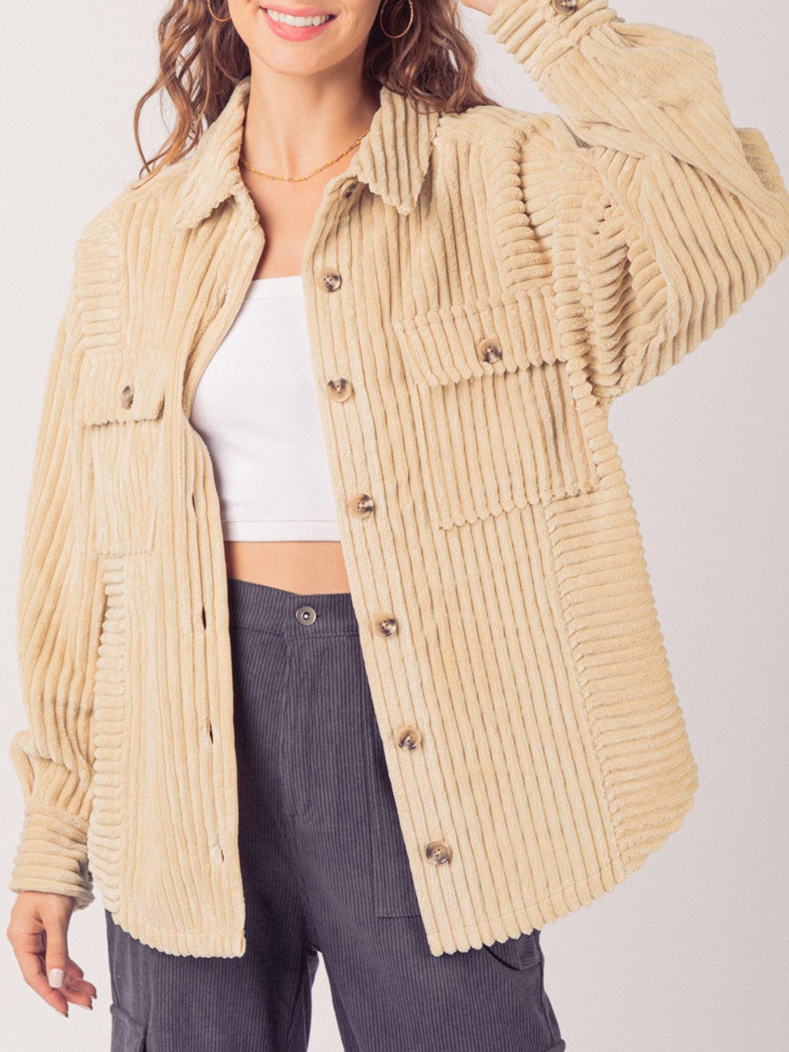 Button Up Long Sleeve Corduroy Jacket - Trendsi