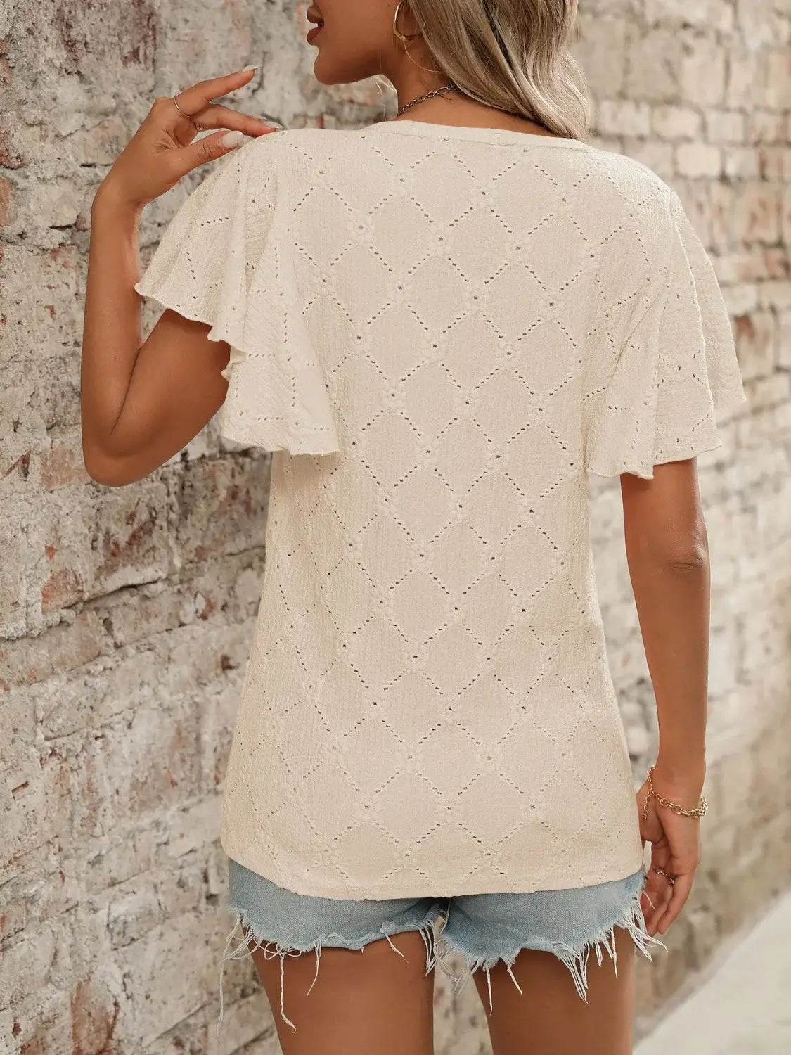Eyelet Round Neck Flutter Sleeve Top - Trendsi - Flyclothing LLC