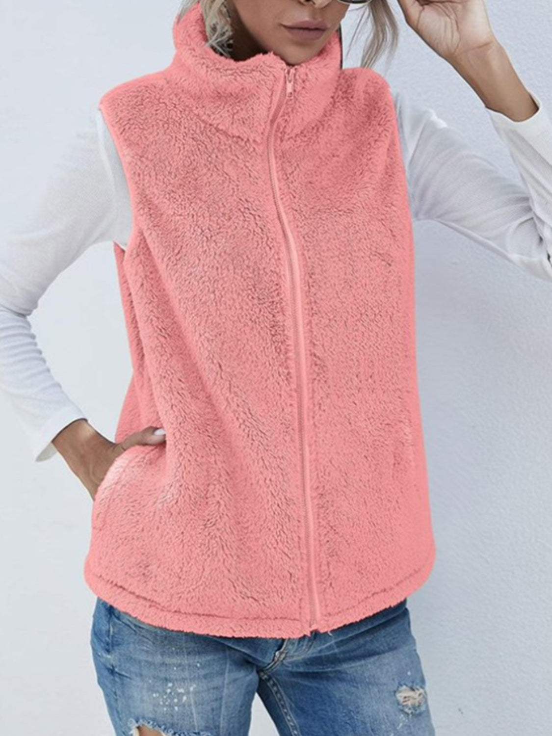 Full Size Fuzzy Zip Up Vest Coat with Pockets - Trendsi - Flyclothing LLC