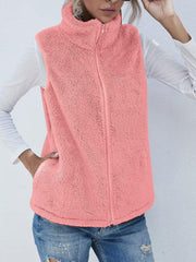 Full Size Fuzzy Zip Up Vest Coat with Pockets - Trendsi