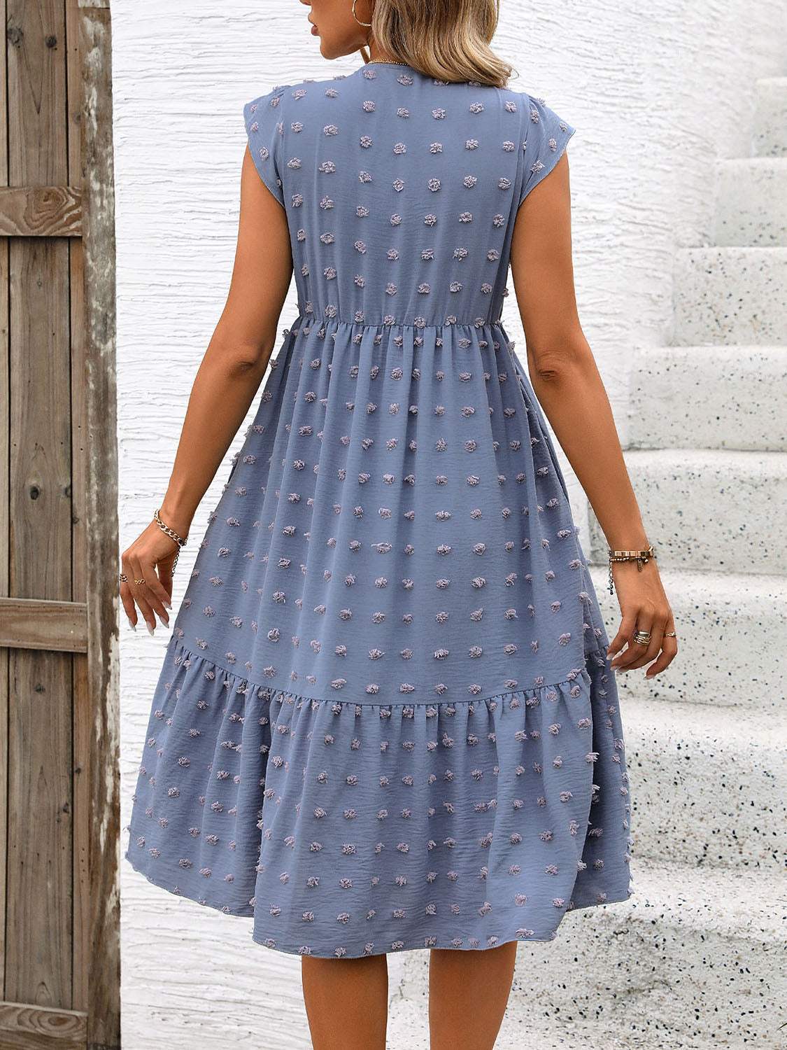 Swiss Dot V-Neck Cap Sleeve Dress - Trendsi - Flyclothing LLC