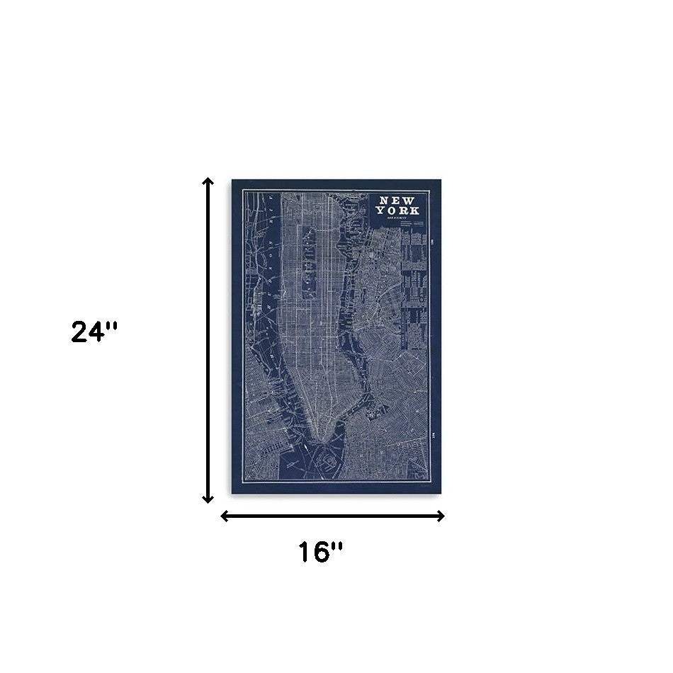24" x 16" Indigo and White Aerial New York Map Canvas Wall Art - Homeroots - Flyclothing LLC