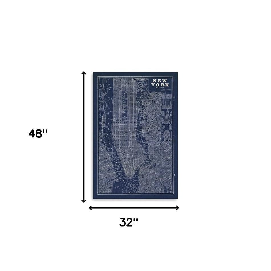 48" x 32" Indigo and White Aerial New York Map Canvas Wall Art - Homeroots