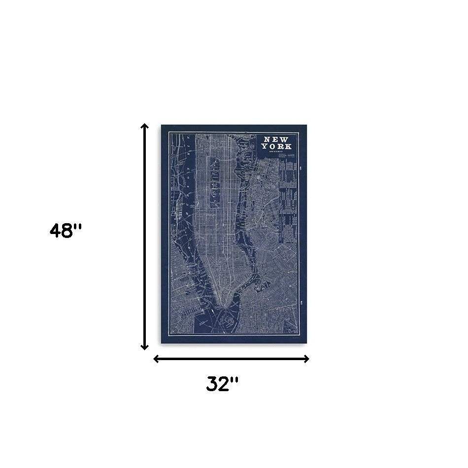 48" x 32" Indigo and White Aerial New York Map Canvas Wall Art - Homeroots - Flyclothing LLC