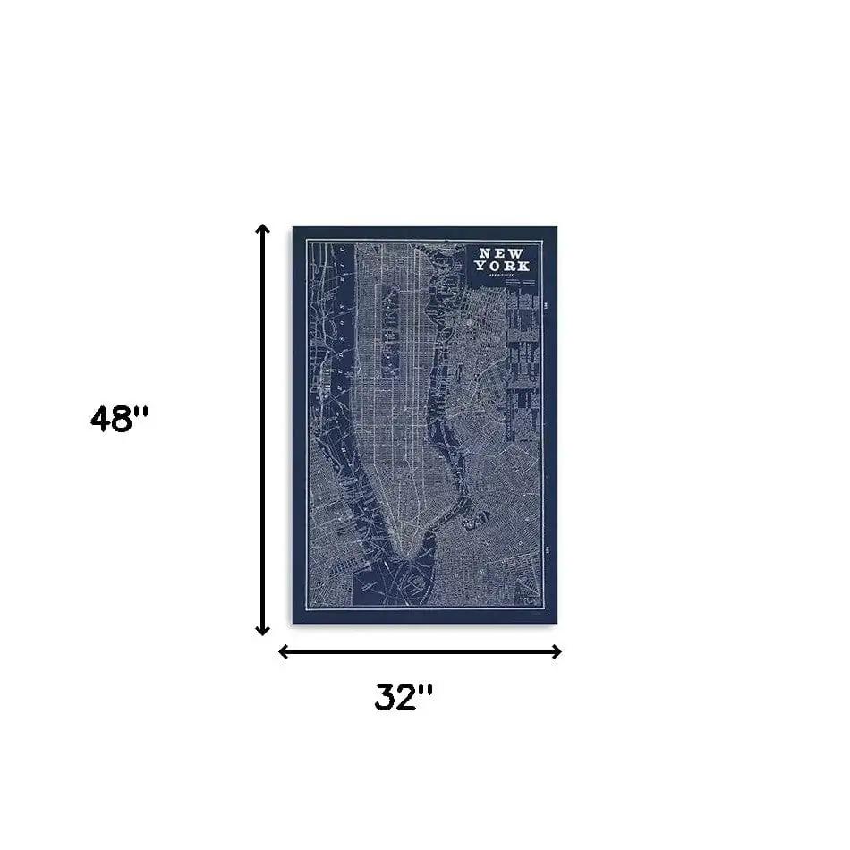 48" x 32" Indigo and White Aerial New York Map Canvas Wall Art - Homeroots - Flyclothing LLC